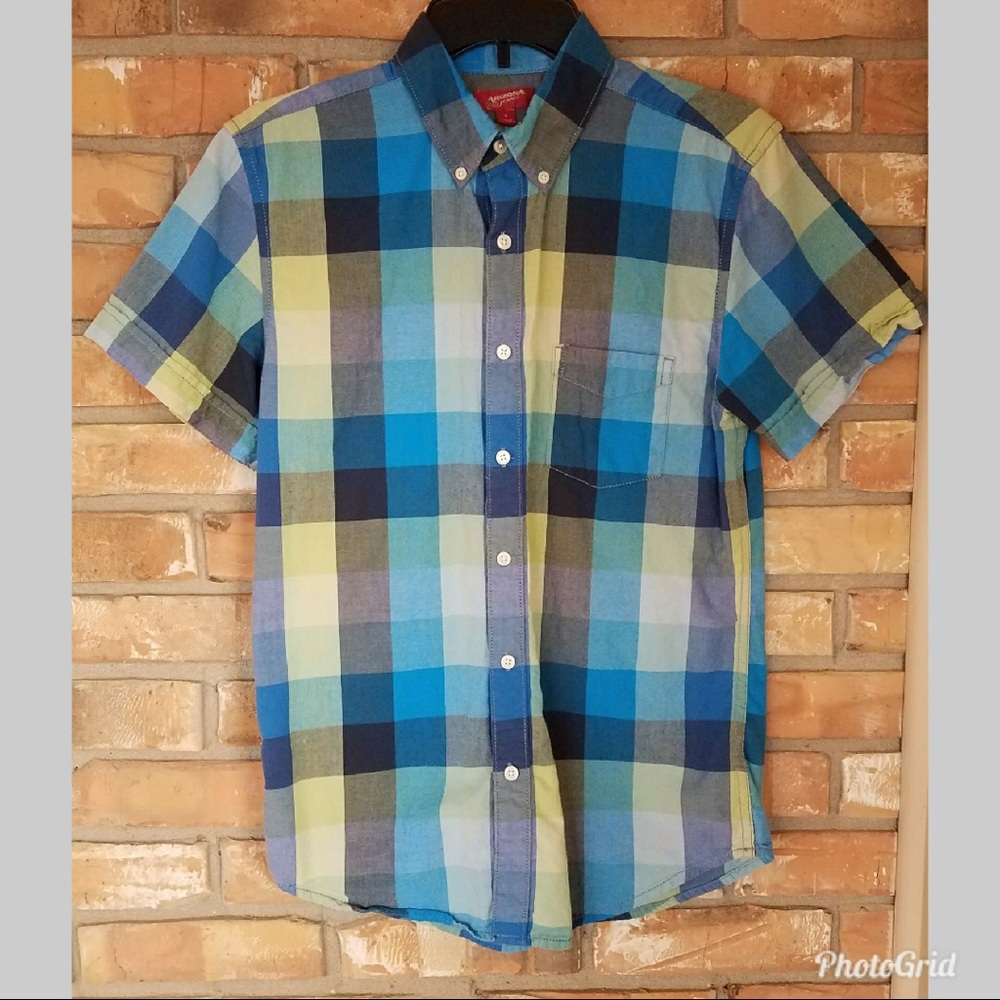 Arizona Jeans Boys Short Sleeve Plaid Button Down Shirt Size Small
